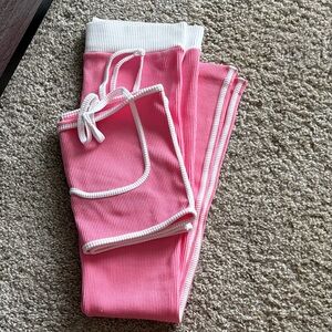 Pink seamless Ribbed Lounge legging set with White Trim